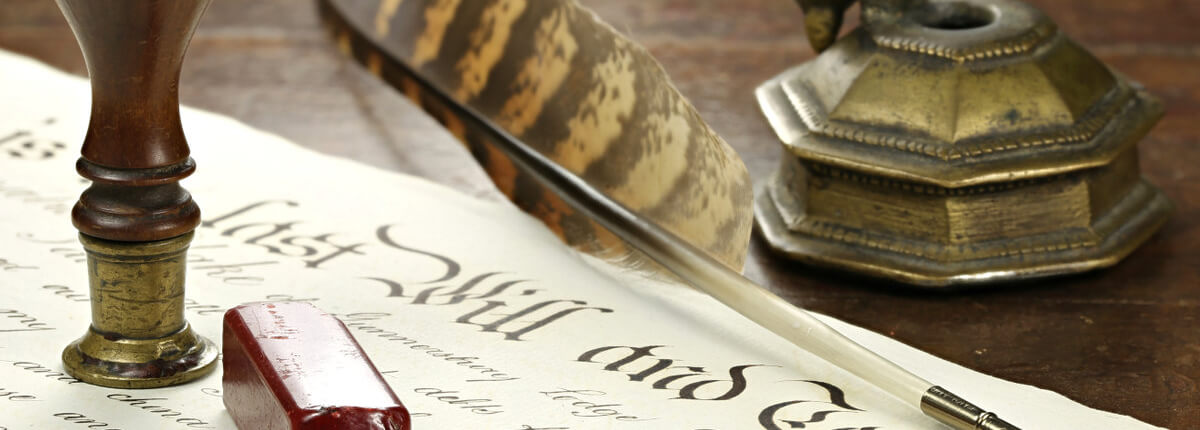 Old Will and Testament Document on Desk With Quill Pen, Wax and Stamper | Probate Attorney Ann Arbor, MI | The TGQ Law Firm
